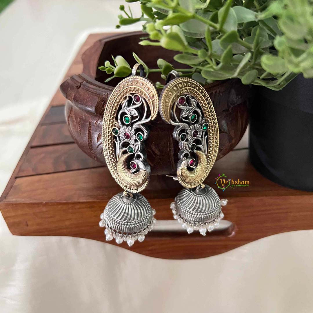 Vriksham Dual-Tone Oxidized Silver and Gold Peacock Ear-Line Jhumkas Earcuff Earrings-Red Green-S1117