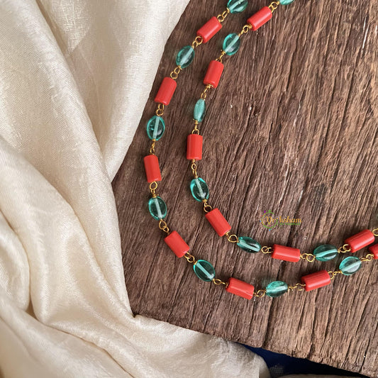 Layered Coral Aqua Green Bead Maala Neckpiece-G14977