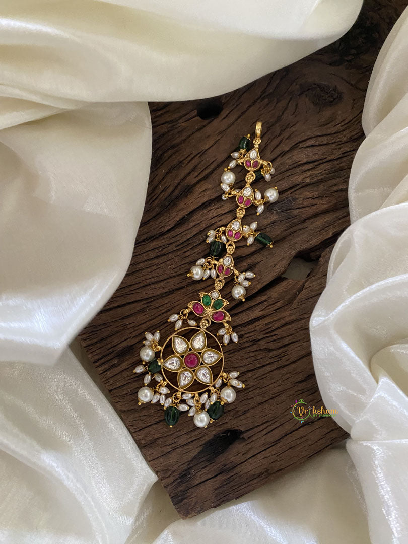 White Red Precious Kundan Jadau Maang Tikka -Floral-Green Bead and Rice Pearls - J2023