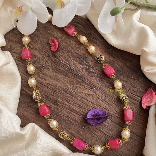 Fancy Pink Stone Golden Pearl Maala Neckpiece-G14992