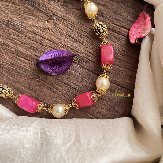 Fancy Pink Stone Golden Pearl Maala Neckpiece-G14992