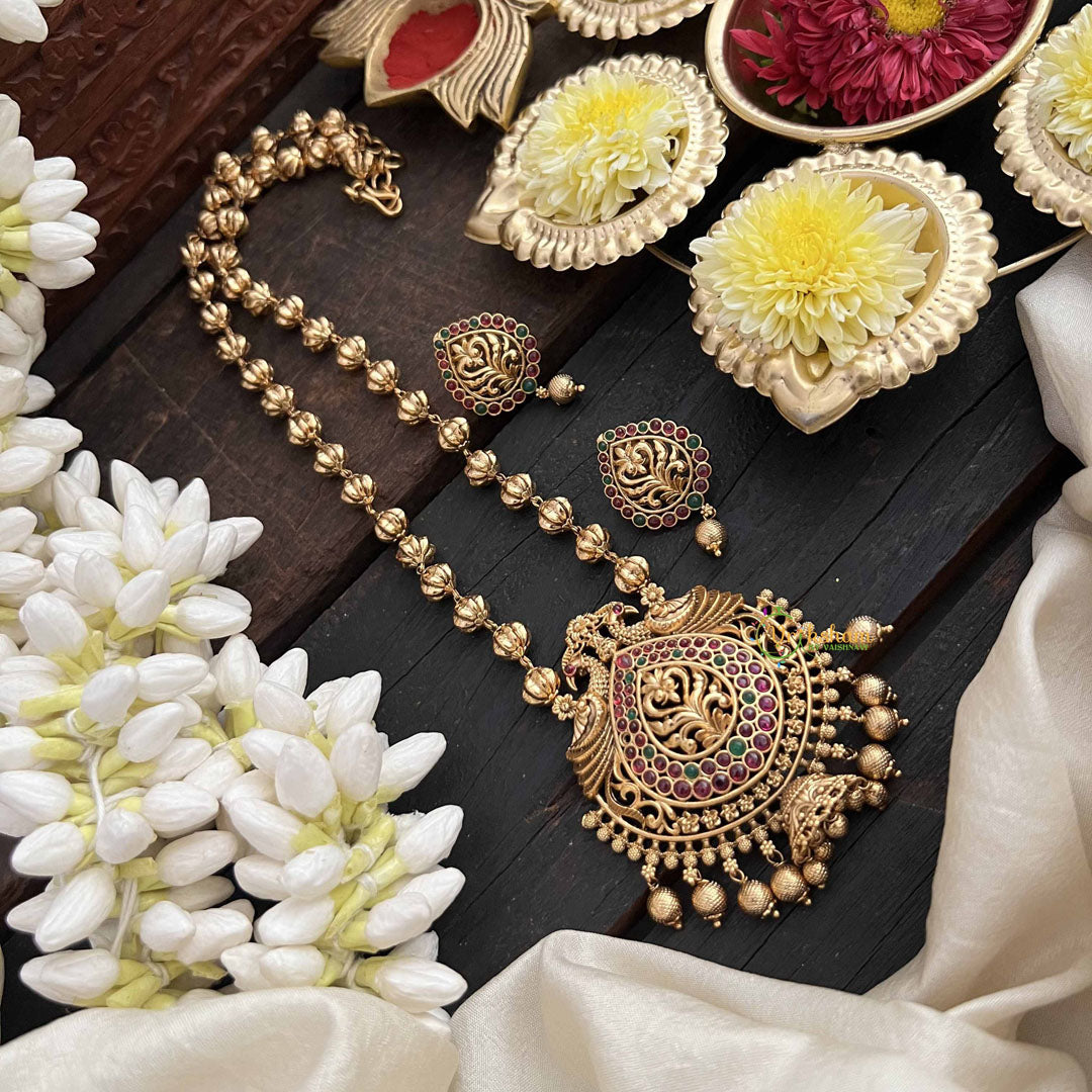 Vriksham Traditional Gold Leaf Pendant Long Neckpiece-Gold Bead-G20551