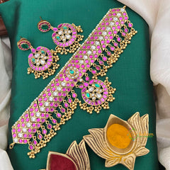 Classic White Red Green Stone Half Moon Style Choker-Vriksham-G22513