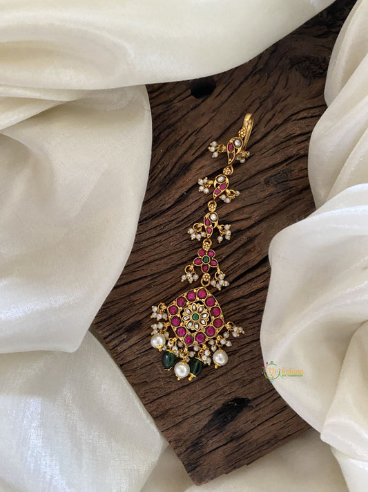 Aurous Likeness White Flower in Red Diamond Kundan Jadau Shringar Patti with Mini Pearls and Beads - J2052