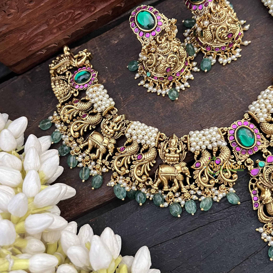 Vriksham Premium Gold-Plated Lakshmi Pearl Coted Short Neckpiece-Red Green-Green Bead-G20536
