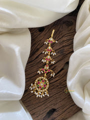 Red Green Precious Kundan Jadau Maang Tikka -Floral- Rice Pearls - J2027