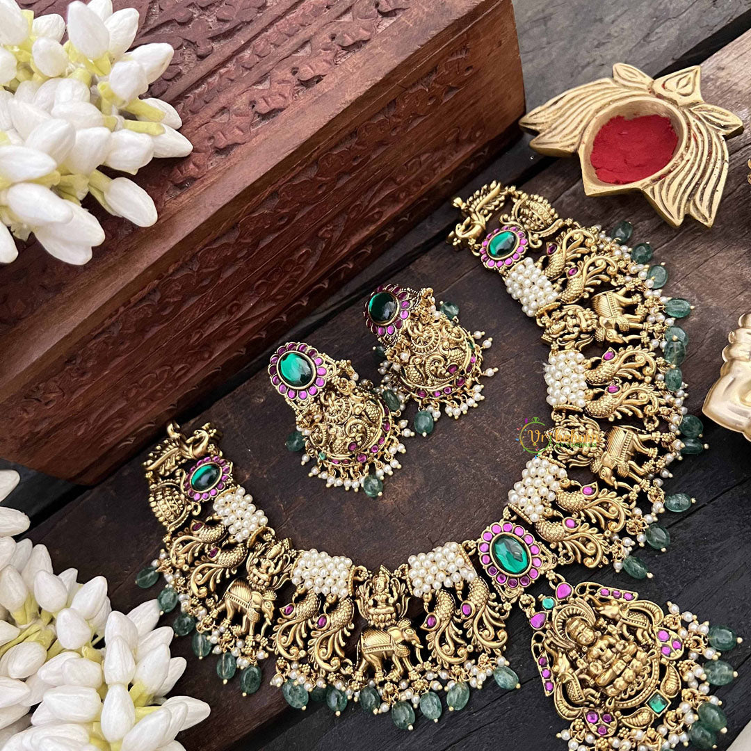 Vriksham Premium Gold-Plated Lakshmi Pearl Coted Short Neckpiece-Red Green-Green Bead-G20536