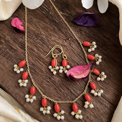 Single Stand Pearl Coral Maala Neckpiece-G14980