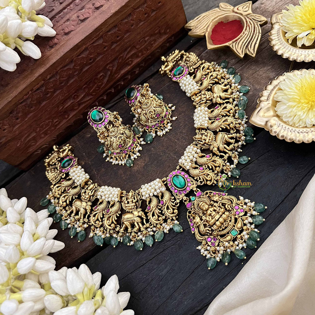 Vriksham Premium Gold-Plated Lakshmi Pearl Coted Short Neckpiece-Red Green-Green Bead-G20536