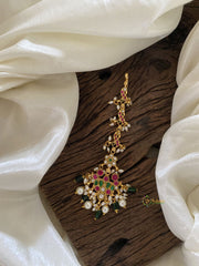 Traditional Precious Kundan Jadau Maang Tikka -Tilak Floral-Green Bead and Pearls - J2037