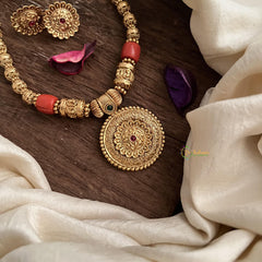 Golden Polish Beaded with Floral Pendant Mala-G15052