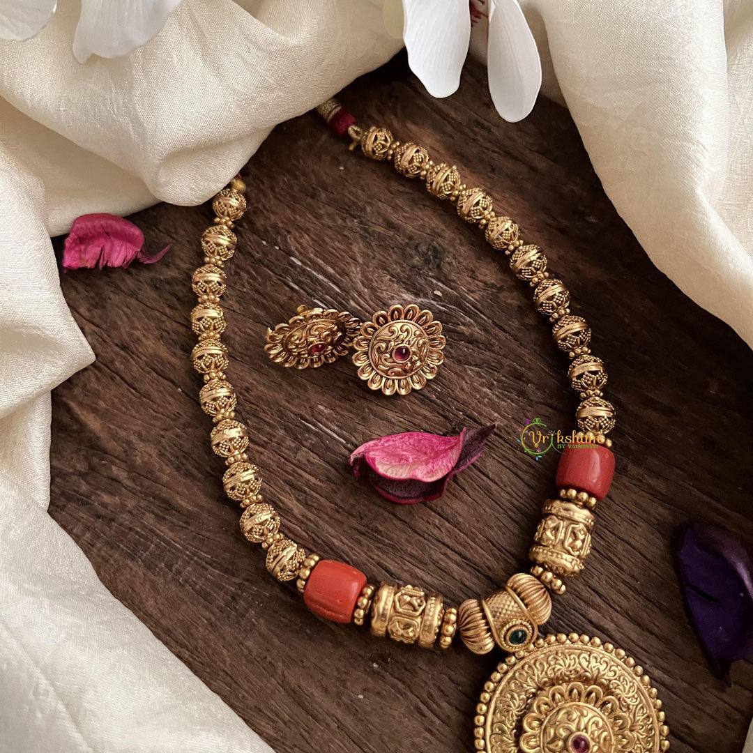 Golden Polish Beaded with Floral Pendant Mala-G15052