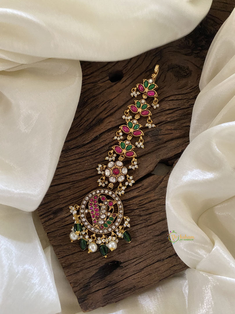 Precious Kundan Jadau Peacock Maang Tikka -Green Bead and Pearls - J2010