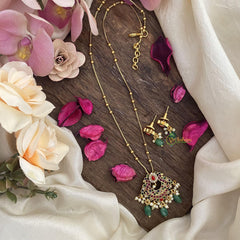 Vriksham Designer Navrathna Pendant Chain-Pearls-Green Bead-G15623