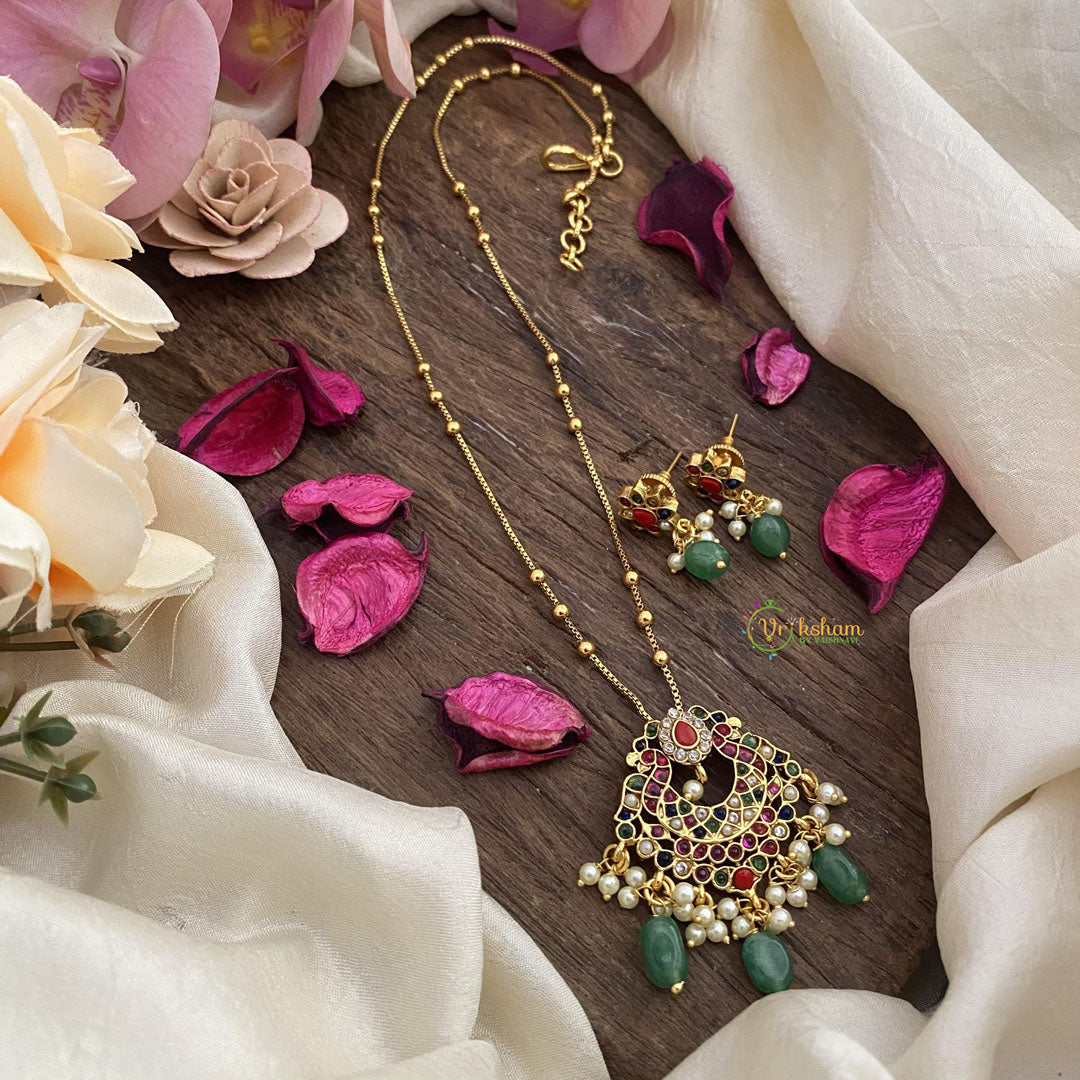 Vriksham Designer Navrathna Pendant Chain-Pearls-Green Bead-G15623