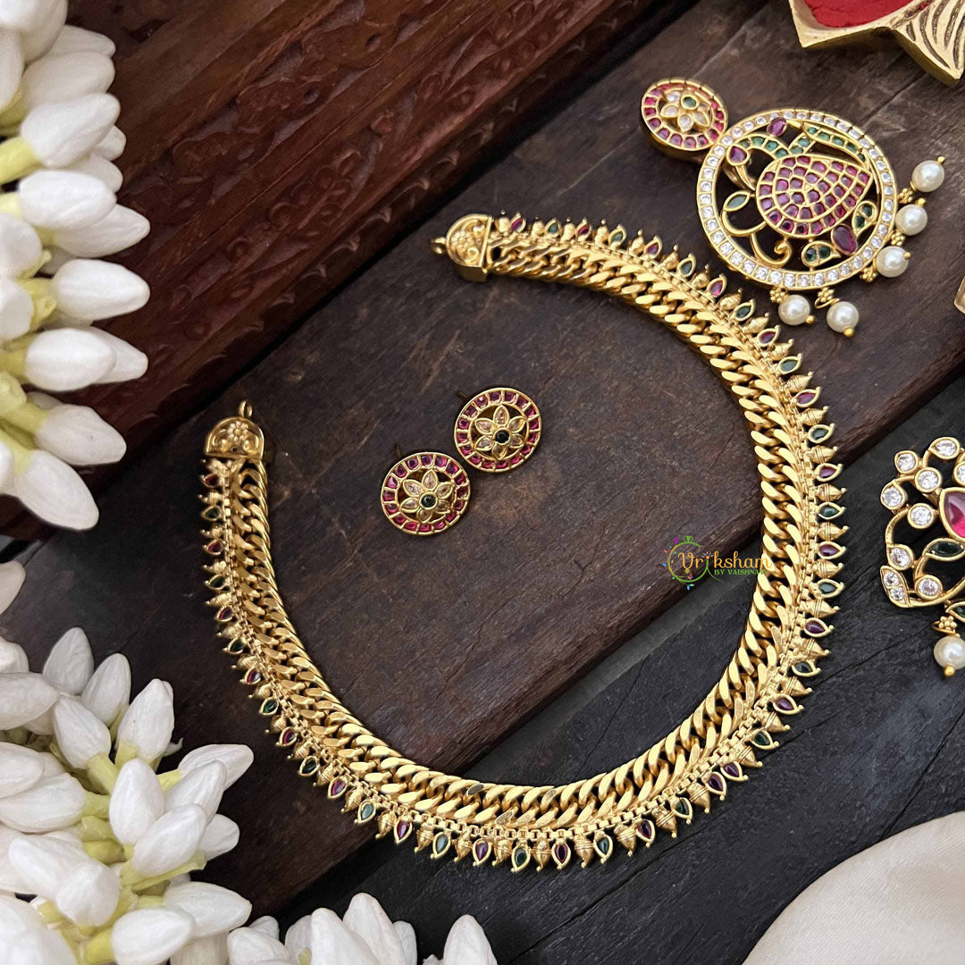 Vriksham Antique Jalebi Gold-Plated Removable Pendant With Peacock Pendant Hasli Choker-Red Green & White-Pearls-G20534