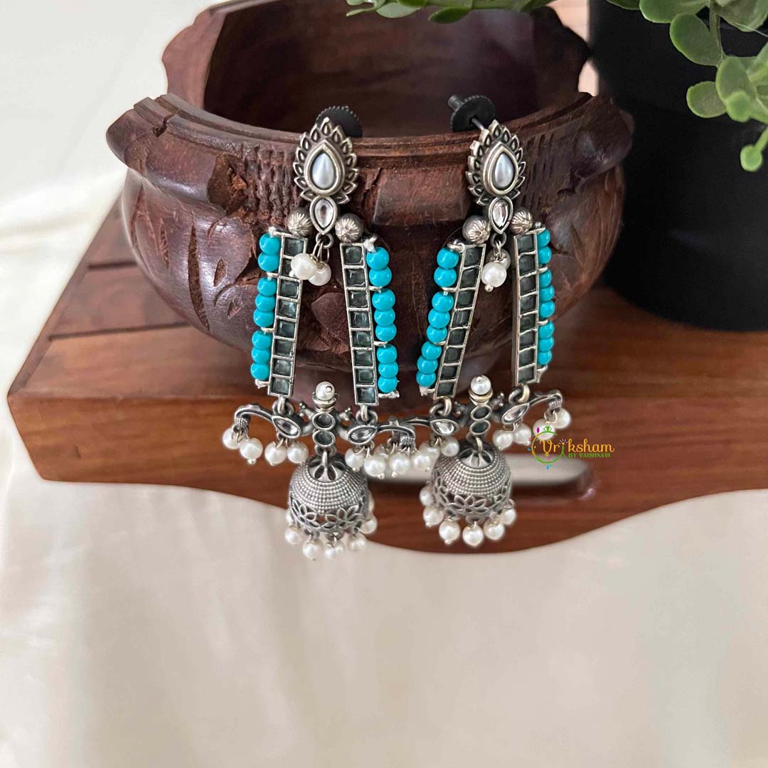 Vriksham Turquoise Beaded Oxidized Silver Jhumka Earrings-S1125