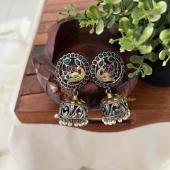 Vriksham Dual Tone Peacock Oxidized & Gold Jhumka Earrings-S1126