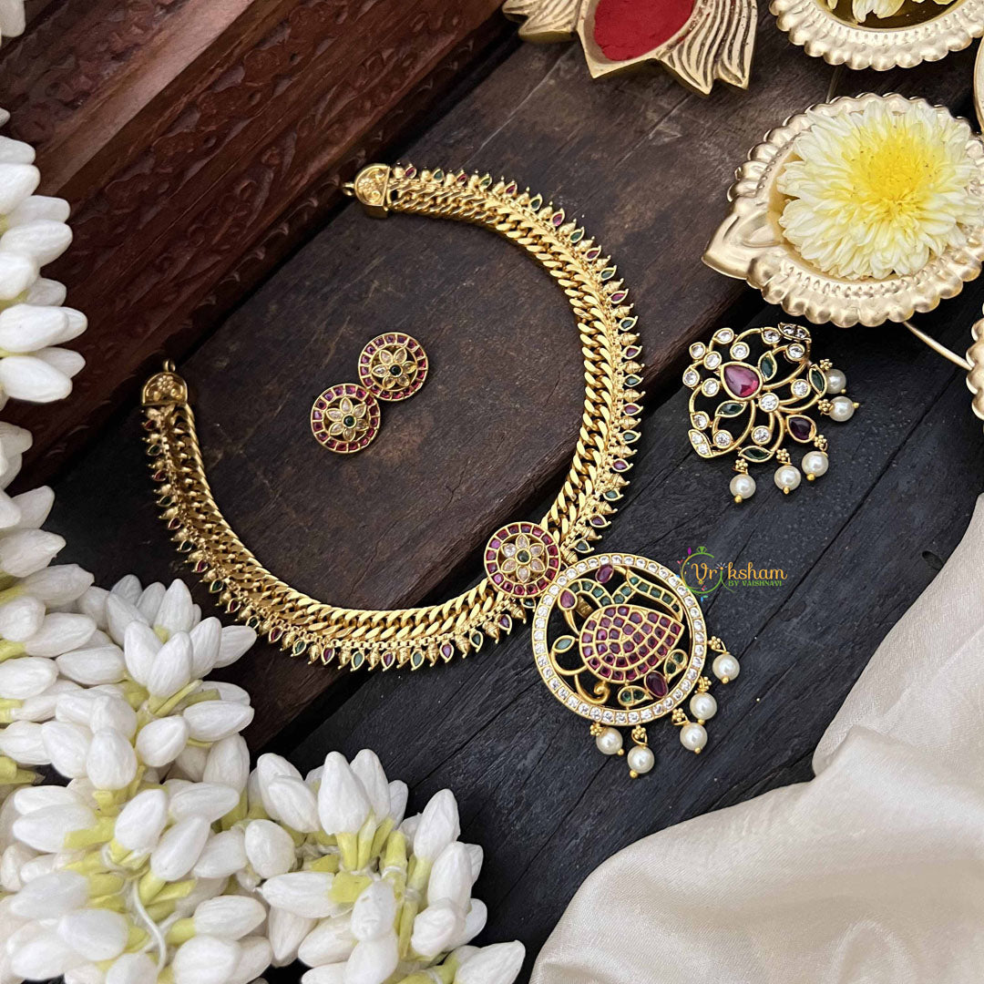 Vriksham Antique Jalebi Gold-Plated Removable Pendant With Peacock Pendant Hasli Choker-Red Green & White-Pearls-G20534