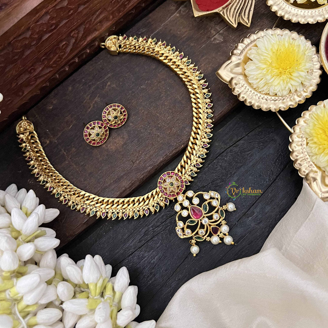 Vriksham Antique Jalebi Gold-Plated Removable Pendant With Peacock Pendant Hasli Choker-Red Green & White-Pearls-G20534