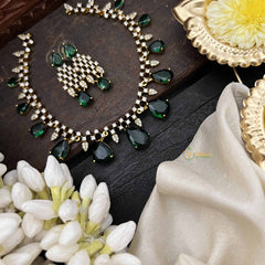 Vriksham Minimalist Golden Pear Green Drop With AD Stone Short Neckpiece-G20520