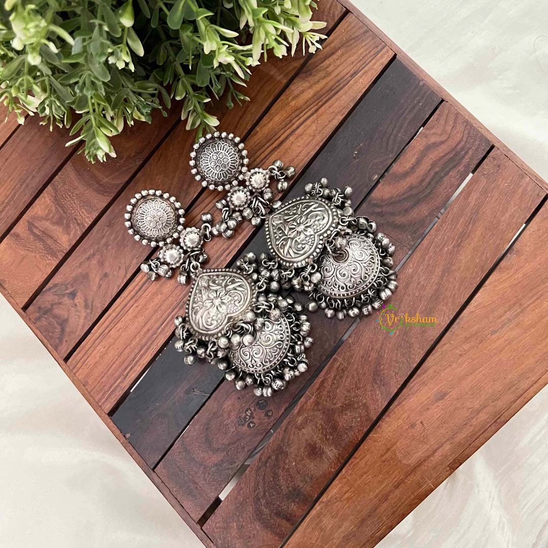 Vriksham Heart-Shaped Tiered Oxidized Silver Tribal Dangles & Ghungroo Beads Earrings-S1129