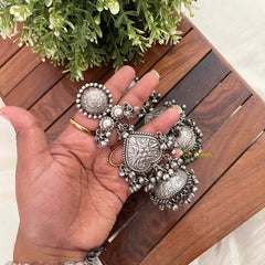 Vriksham Heart-Shaped Tiered Oxidized Silver Tribal Dangles & Ghungroo Beads Earrings-S1129