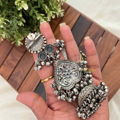 Vriksham Heart-Shaped Tiered Oxidized Silver Tribal Dangles & Ghungroo Beads Earrings-S1129