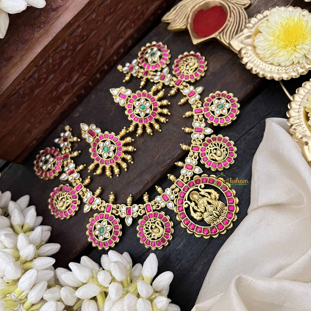 Vriksham Classic Gold-Plated Lakshmi Coin Guttapusalu Short Neckpiece-Red White-G20535