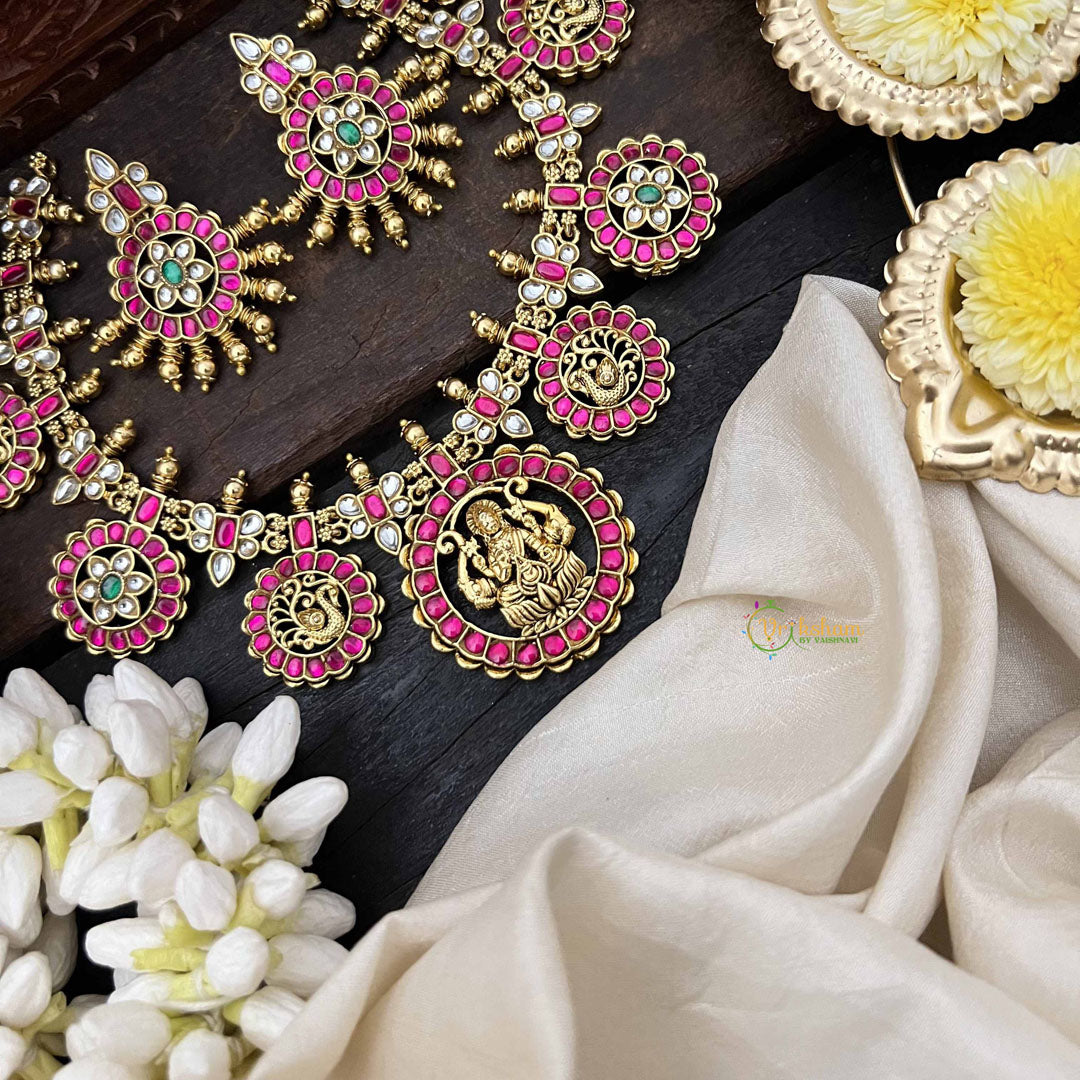 Vriksham Classic Gold-Plated Lakshmi Coin Guttapusalu Short Neckpiece-Red White-G20535