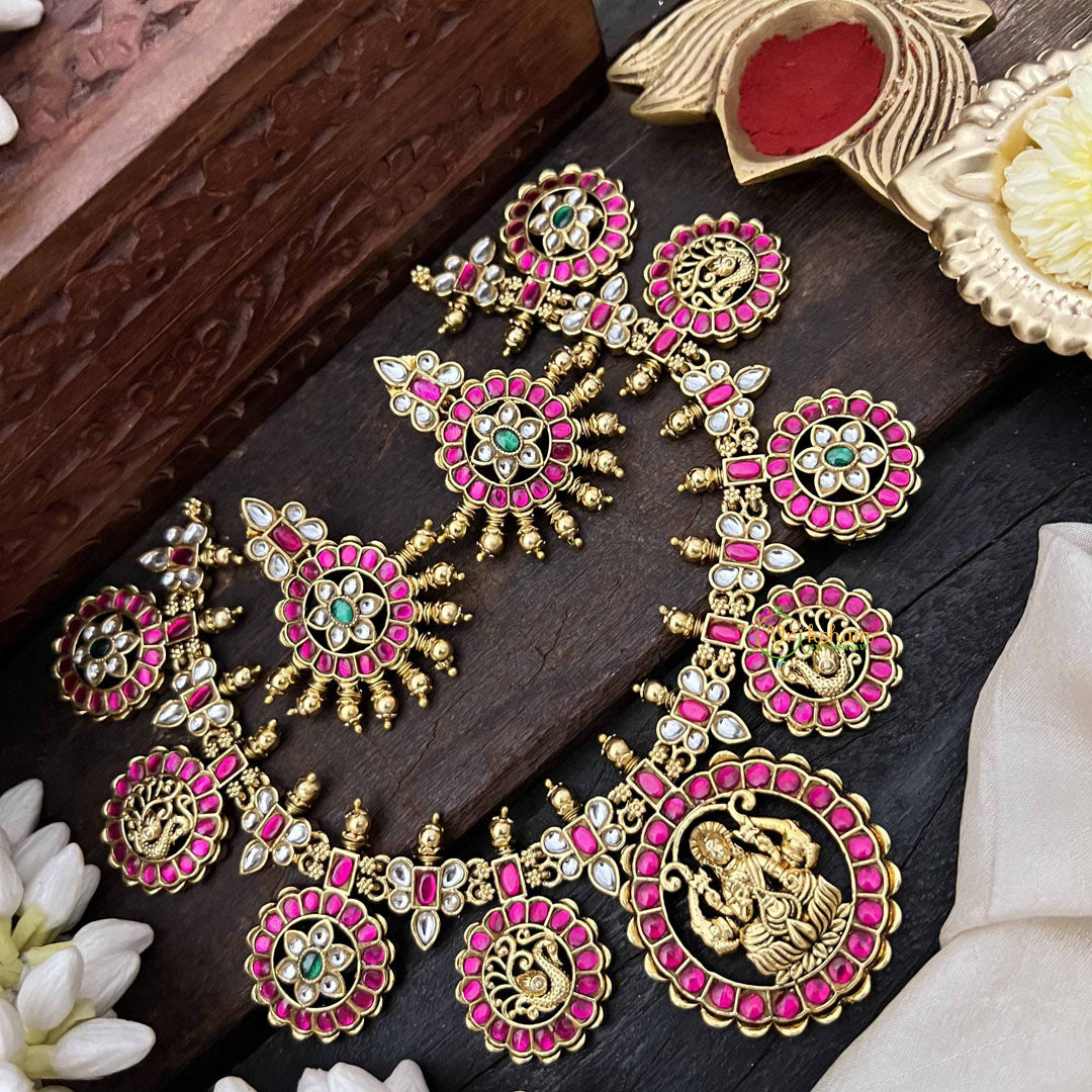 Vriksham Classic Gold-Plated Lakshmi Coin Guttapusalu Short Neckpiece-Red White-G20535