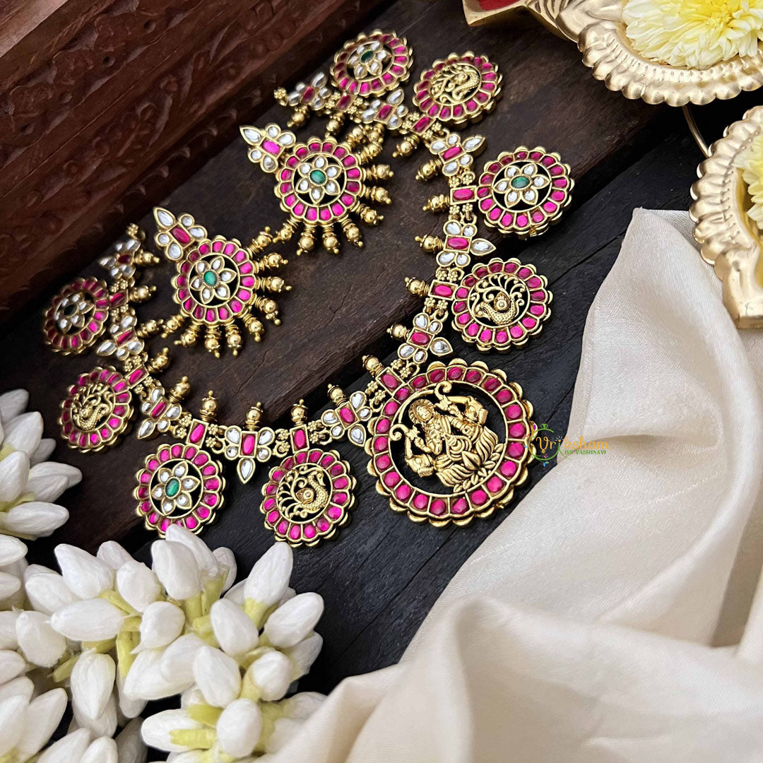 Vriksham Classic Gold-Plated Lakshmi Coin Guttapusalu Short Neckpiece-Red White-G20535