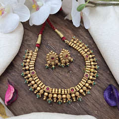 Designer Gold Look Alike Short Neckpiece-Green Bead-G15045