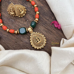 Premium Beaded Lakshmi Pendant Mala-Coral-Green Bead-G15037