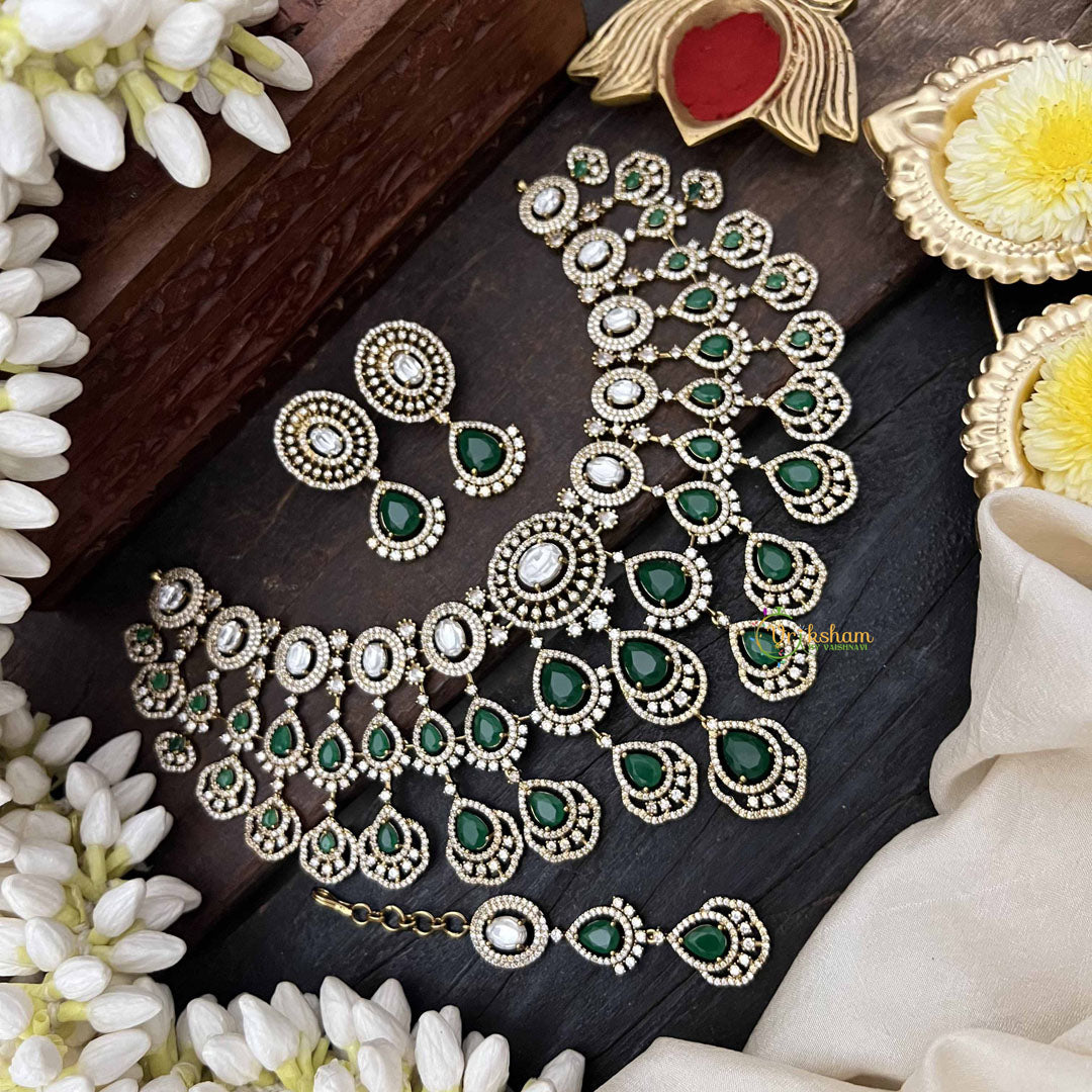 Vriksham Premium Green Tear Drop With AD Stone Statement Choker Neckpiece-G20522