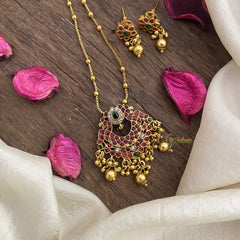 Vriksham Designer Pendant Chain-Red Green-Golden Bead-G15618
