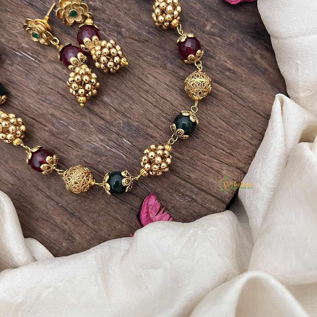 Gold Look Alike Beaded Mala-Maroon Green-G15028