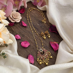 Vriksham Designer Pendant Chain-Red Green-Golden Bead-G15618
