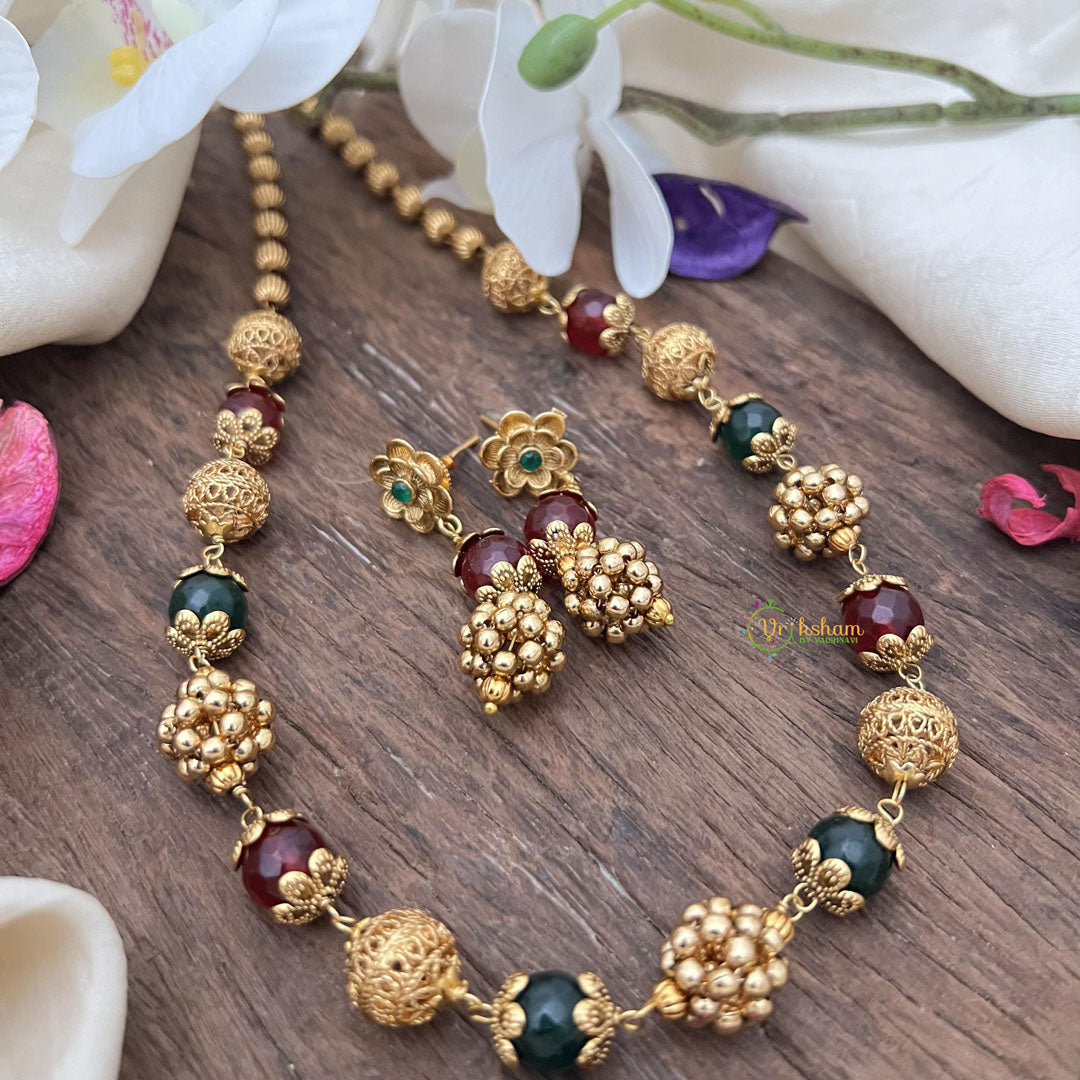 Gold Look Alike Beaded Mala-Maroon Green-G15028