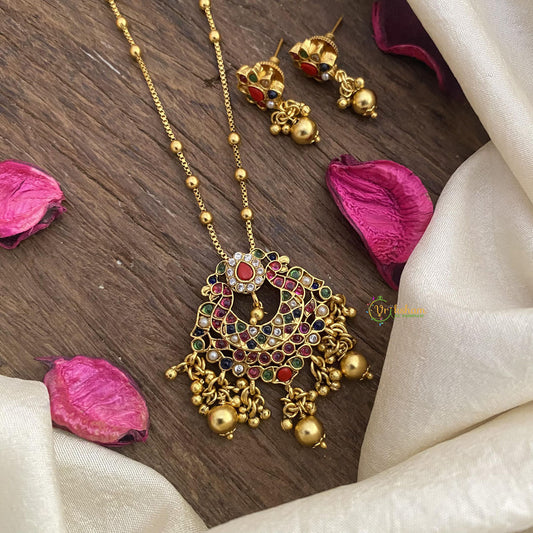 Vriksham Designer Navrathna Stone Pendant Chain-Golden Bead-G15620