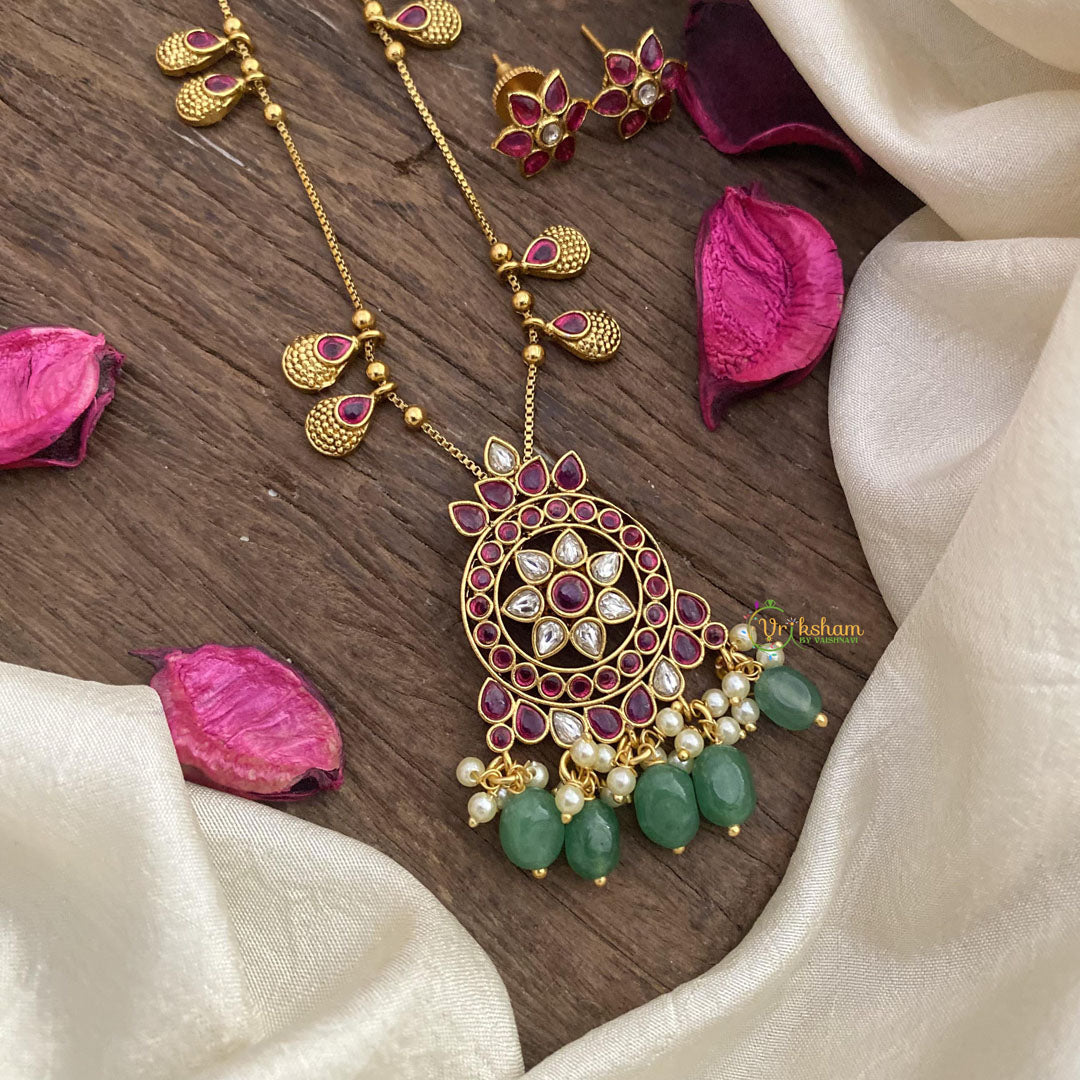 Vriksham Exclusive Red White Stone Pendant Chain-Green Bead-G15634