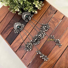 Vriksham Oxidized Silver Emerald Crescent Motif With Cascading Ghungroo Chains Earrings-S1133