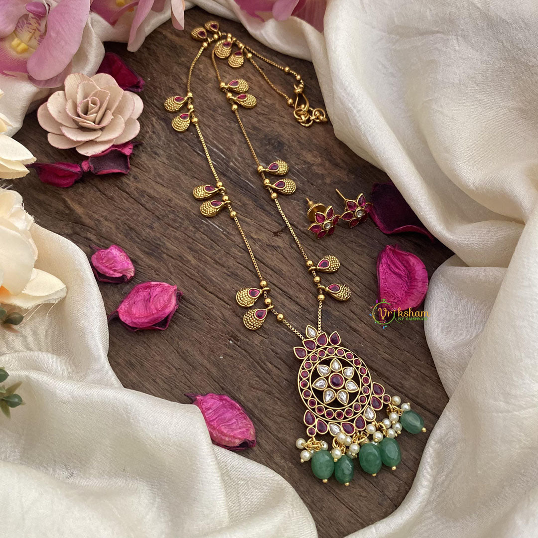 Vriksham Exclusive Red White Stone Pendant Chain-Green Bead-G15634