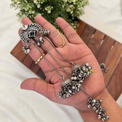 Vriksham Oxidized Silver Emerald Crescent Motif With Cascading Ghungroo Chains Earrings-S1133