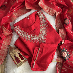 Red Stitched Suit Set - Dola Silk - VS3851