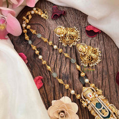 Vriksham Exquisite Matte Tirupati Balaji With Handcrafted Floral Jhumkas & Emerald Accents Pendant Chain-Aqua Green Bead-21835