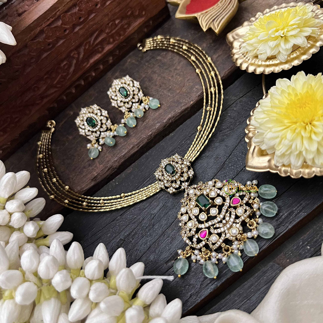 Vriksham Dual Peacock Gold-Plated With AD Stone Pendant Hasli Choker-Green-Green Bead-G20528