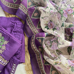 Purple Stitched Suit Set - Dola Silk - VS3835
