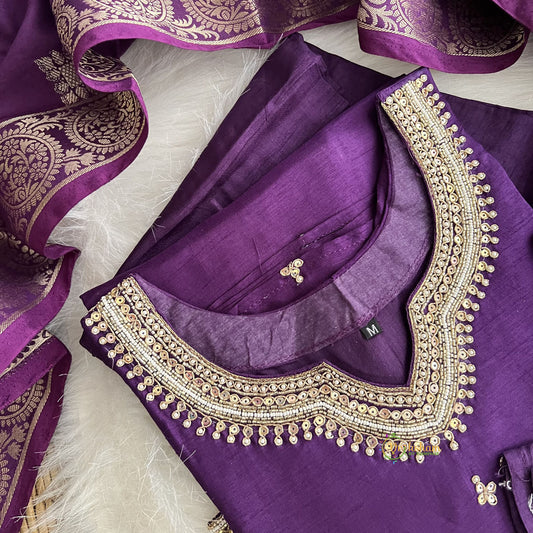 Purple Stitched Suit Set - Dola Silk - VS3842