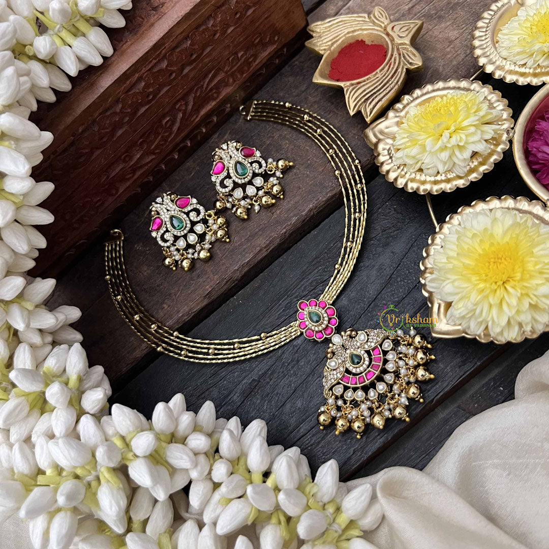 Vriksham Antique Dual Peacock Gold-Plated With AD Stone Pendant Hasli Choker-Red Green & White-Gold Bead-G20532